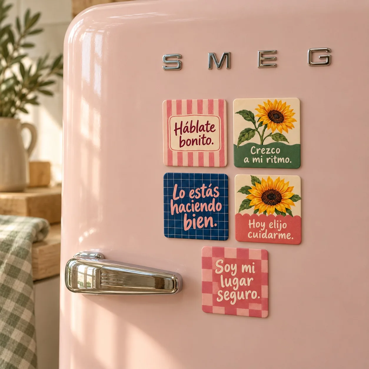 Cinco imanes cuadrados en una nevera rosa con frases de autocuidado y dos diseños de girasoles.