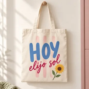 Tote bag Hoy elijo sol. Letras azules y rosas, rayas suaves y un girasol acompañan la frase «Hoy elijo sol».