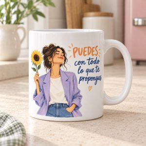 Taza Puedes con todo lo que te propongas. Una chica con un girasol acompaña el mensaje de ánimo.