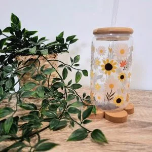 vaso de girasoles con tapa y cañita