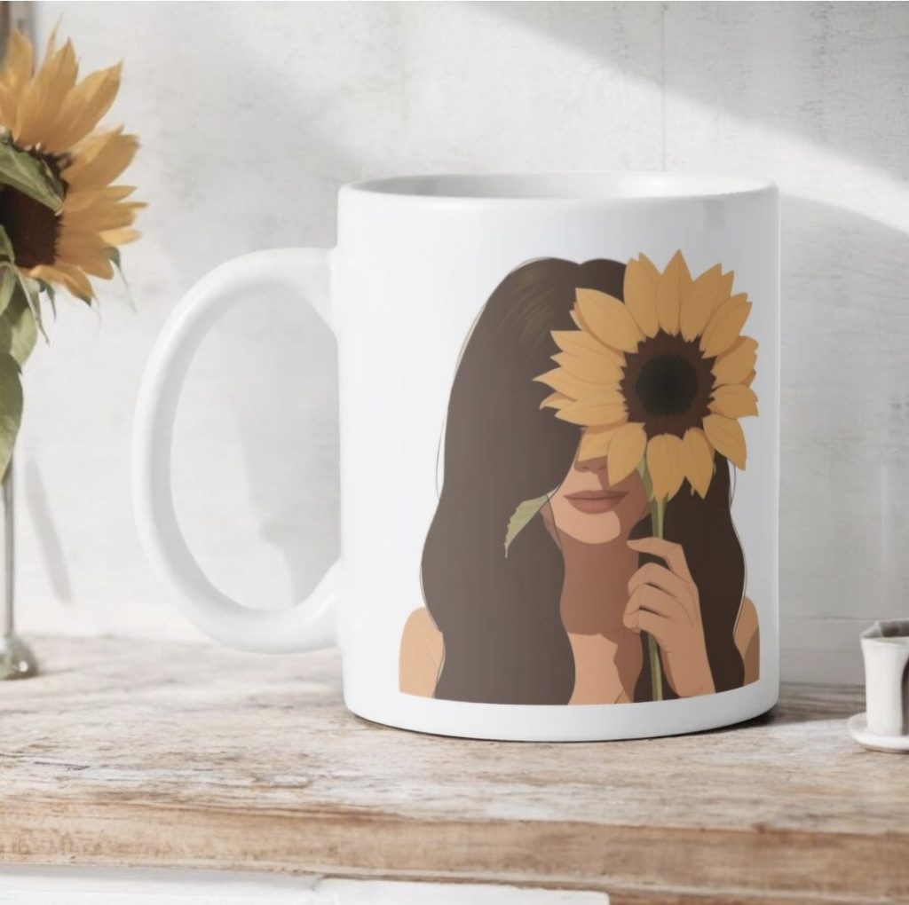 Taza chica y girasol con frase – frases de girasol motivadora