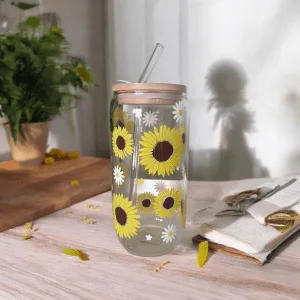 Vaso con tapa y cañita girasoles y flores