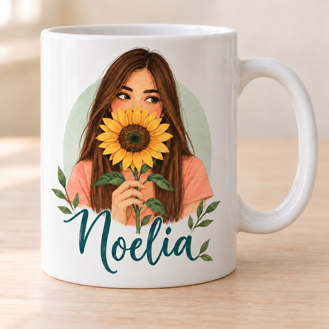 Taza ilustración girasoles + nombre. Pelo: castaño largo y ondulado.