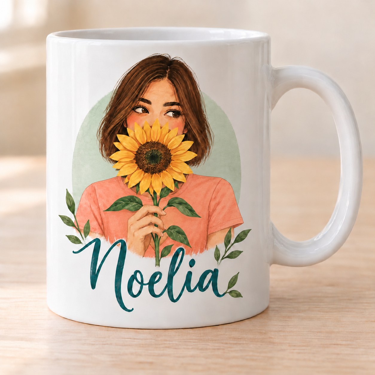 Taza ilustración girasoles + nombre. Pelo: castaño corto y liso.