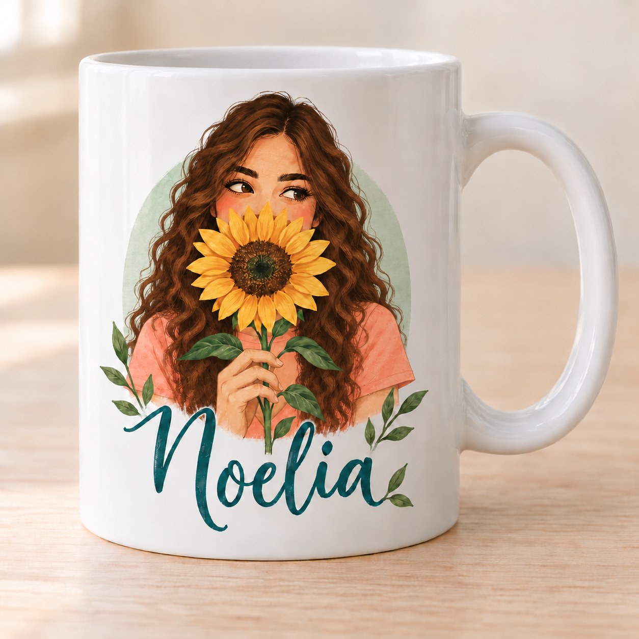 Taza ilustración girasoles + nombre. Pelo: castaño largo y rizado.