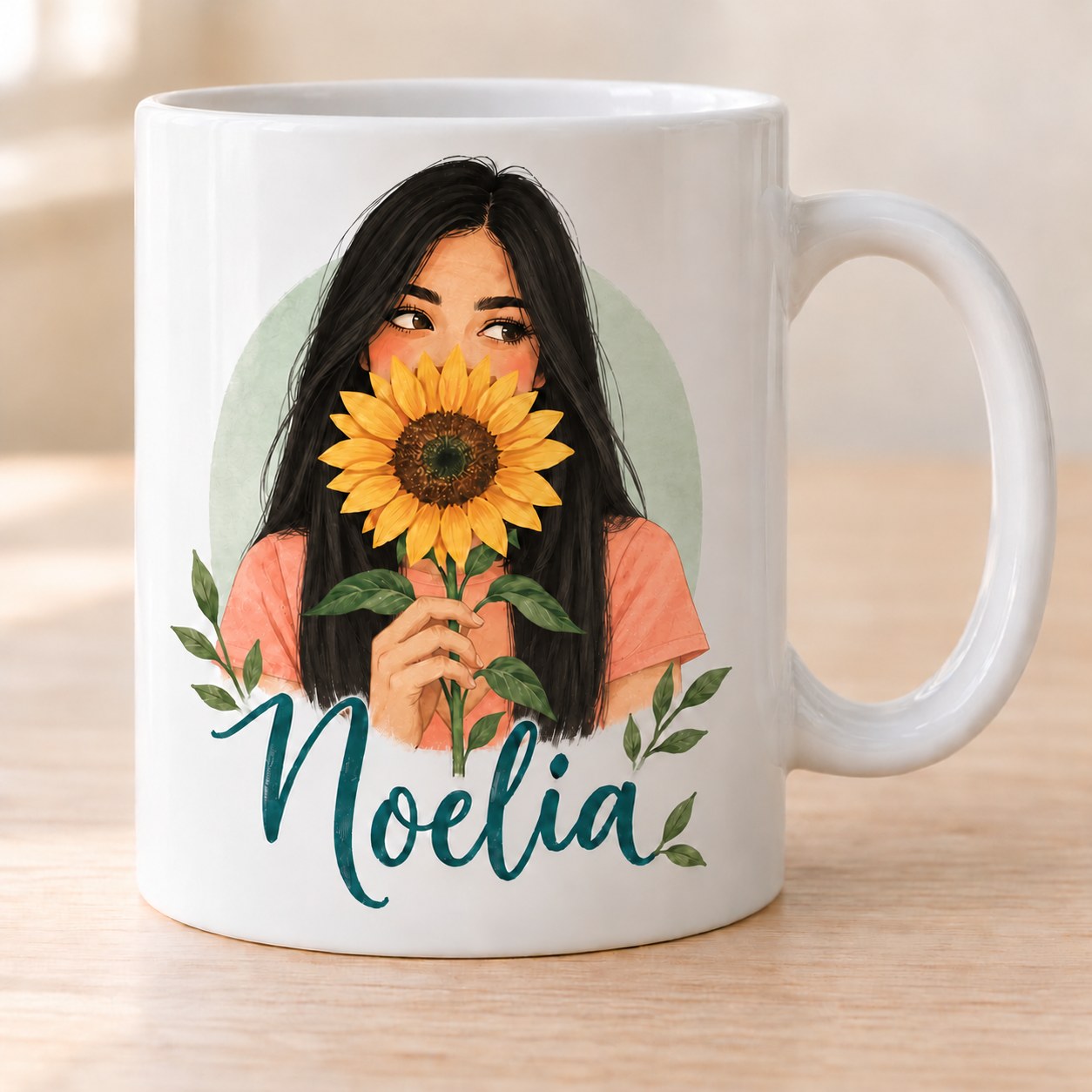 Taza ilustración girasoles + nombre. Pelo: negro largo y liso.