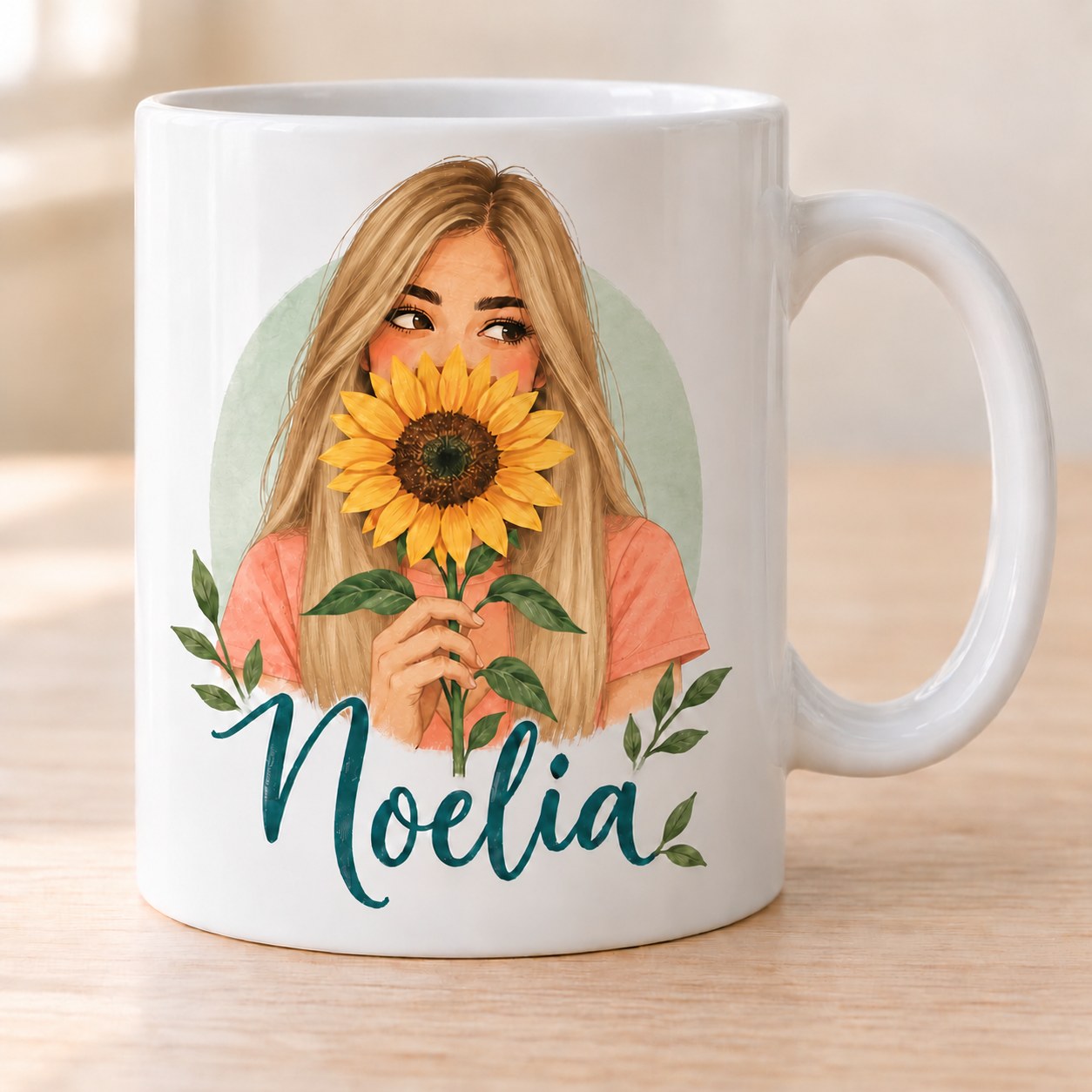 Taza ilustración girasoles + nombre. Pelo: rubio largo y liso.