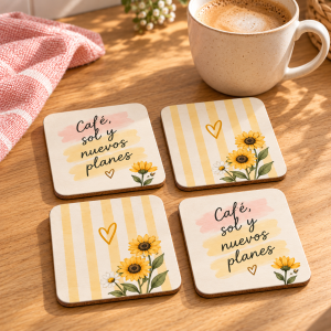 Cuatro posavasos: dos con la frase Café, sol y nuevos planes y dos de rayas amarillas con girasoles, junto a una taza de café