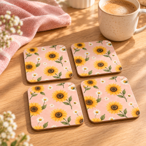 Cuatro posavasos cuadrados con girasoles y margaritas sobre fondo rosa, en una mesa de madera junto a una taza de café