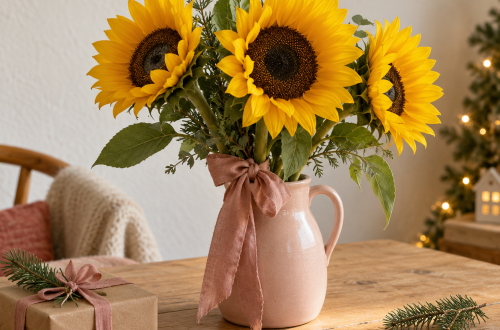 Girasoles en Navidad en una jarra rosa junto a un regalo sobre una mesa de madera.