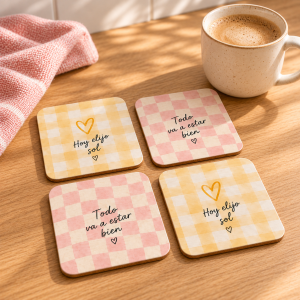 Cuatro posavasos de cuadros amarillos y rosas con las frases Hoy elijo sol y Todo va a estar bien, sobre una mesa junto a un café