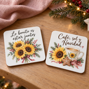 Dos posavasos navideños con girasoles y las frases Lo bonito es estar juntos y Café, sol y Navidad sobre una mesa de madera