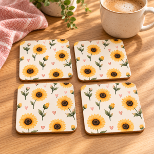 Cuatro posavasos de fondo crema con girasoles amarillos, hojas verdes y corazones rosas, sobre una mesa junto a una taza
