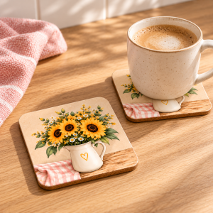 Dos posavasos con una ilustración de girasoles en una jarrita y cuadros rosas, uno bajo una taza de café sobre una mesa de madera