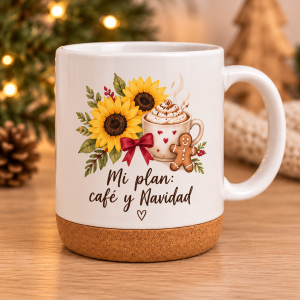 Taza blanca con base de corcho, girasoles, galleta de jengibre y la frase Mi plan: café y Navidad