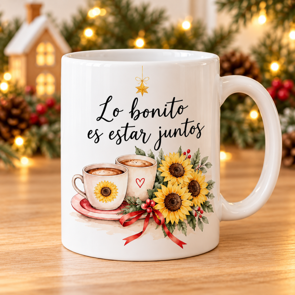 Taza blanca con la frase Lo bonito es estar juntos, dos cafés ilustrados, girasoles, una estrella y un lazo rojo