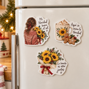 Pack de tres imanes navideños con girasoles: chica con ramo, taza con galletas y bouquet con lazo rojo sobre una nevera