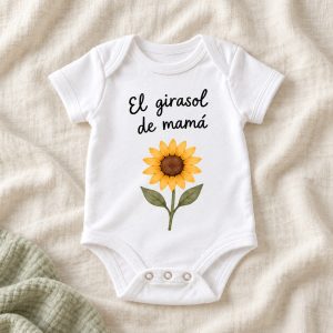 Body bebé El girasol de mamá. Un único girasol acompaña la frase negra «El girasol de mamá», en una composición pequeña y despejada.