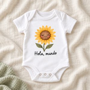 Body bebé Hola, mundo. Un girasol sonriente saluda con la frase «Hola, mundo».
