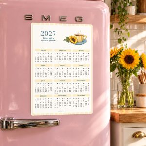 Calendario imantado 2027 Café, sol y nuevos planes sobre una nevera rosa en una cocina con girasoles.