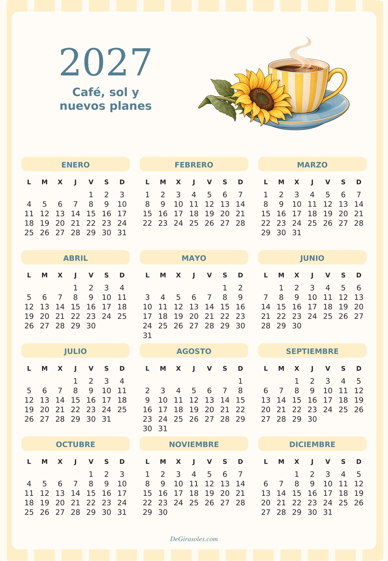 Diseño frontal completo de calendario imantado 2027 café, sol y nuevos planes, con los doce meses de lunes a domingo.