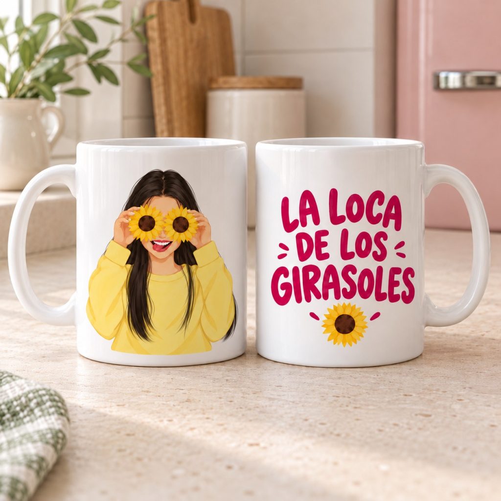 Taza La loca de los girasoles, ilustración de chica con pelo negro largo y liso.
