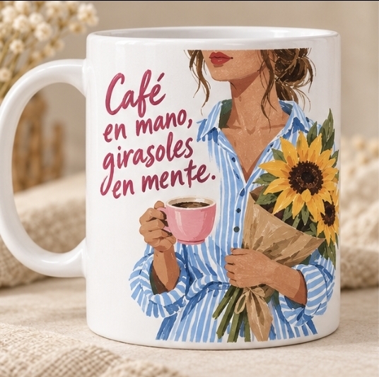 Taza Café en mano, girasoles en mente