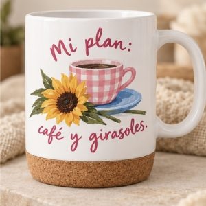 Taza Mi plan: café y girasoles con base de corcho