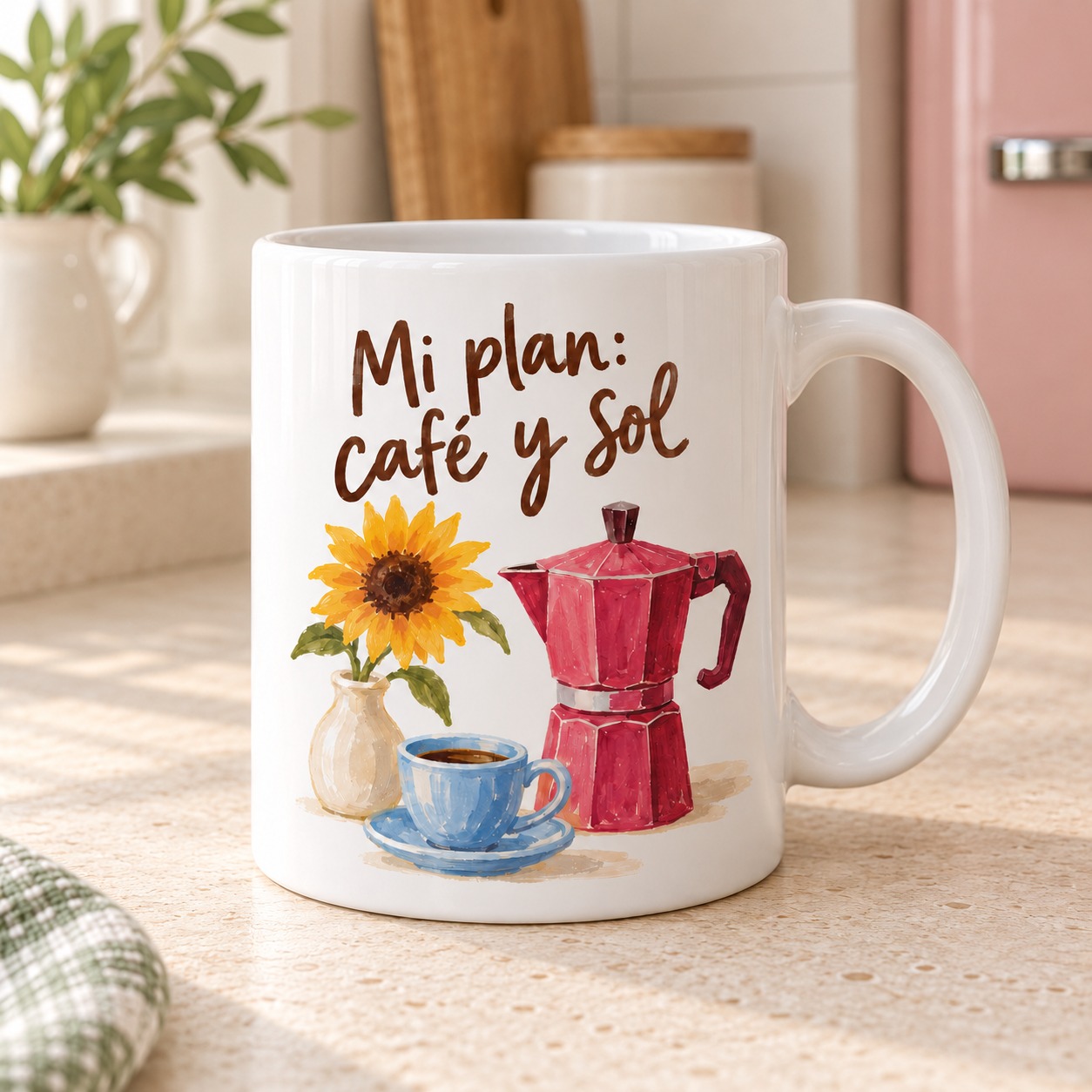 Taza Mi plan: café y sol. Una cafetera roja, una taza azul y un girasol reúnen tres pequeños placeres: café, flores y un rato al sol.