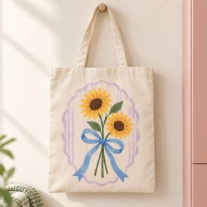 Tote bag Dos girasoles con lazo azul. Dos girasoles enlazados por un lazo azul forman una composición floral sin frase.