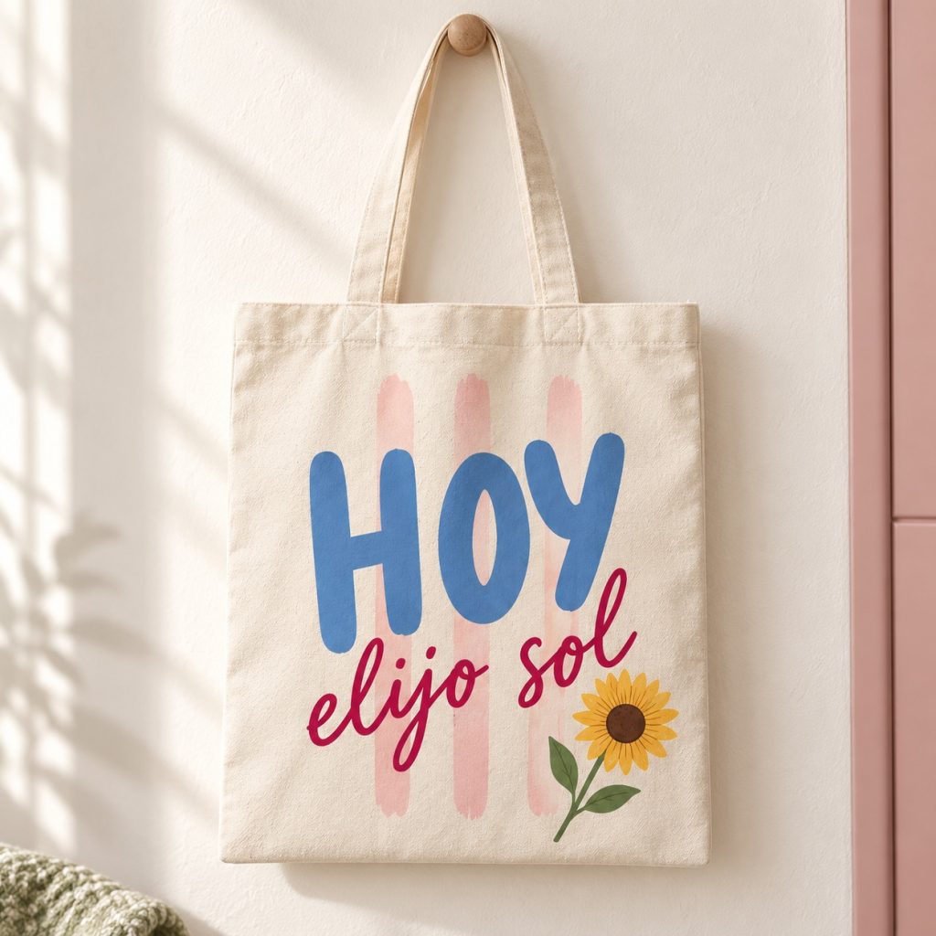 Tote bag Hoy elijo sol. Letras azules y rosas, rayas suaves y un girasol acompañan la frase «Hoy elijo sol».